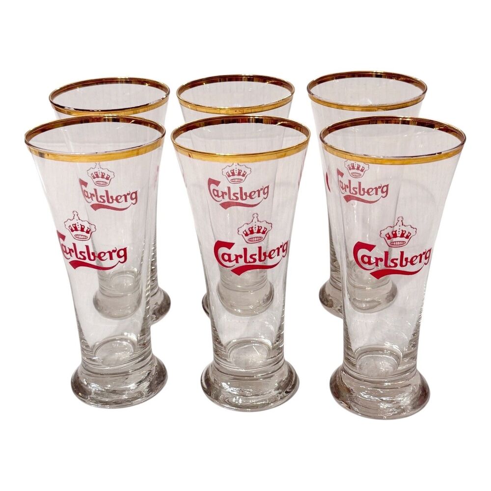 x6 Vtg Carlsberg Crown Beer Bar Glasses Gold Rim Pilsner Flute Red Logo 7" Tall